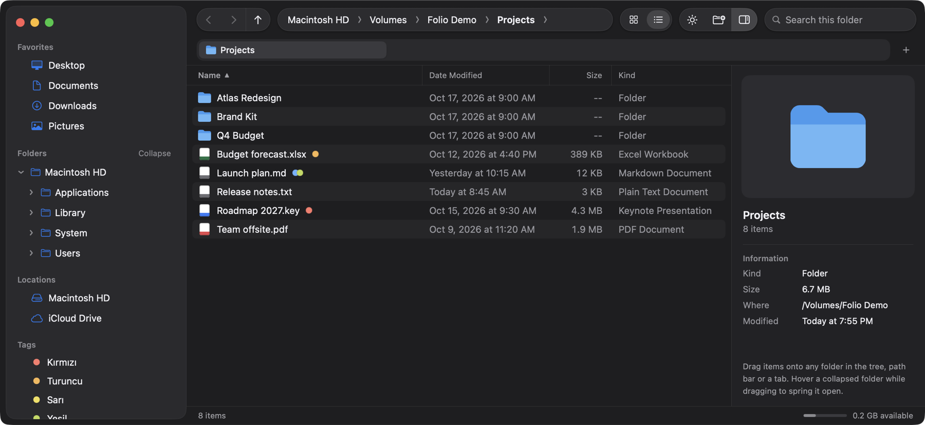 List view in dark mode with the folder tree, path bar and inspector
